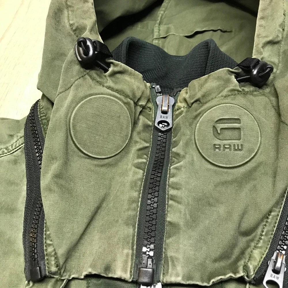 G Star Raw Bomber Jacket Mens Size S Green Submarine HDD Military Hooded Patches
